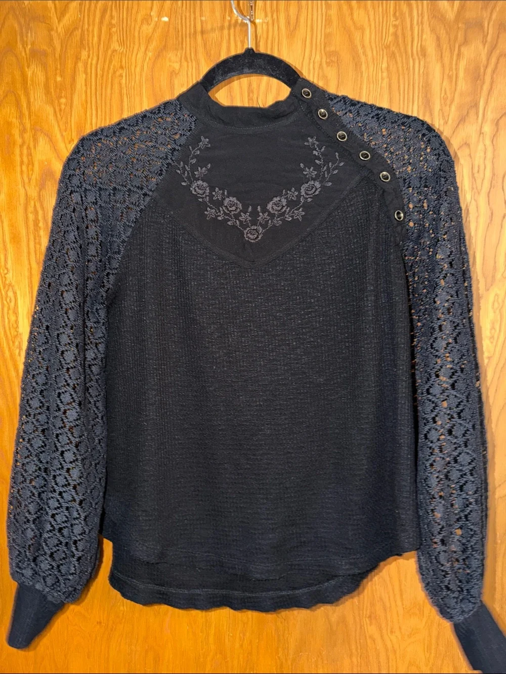 Free People Black Lace Sleeve Embroidered Yoke Long Sleeve Top